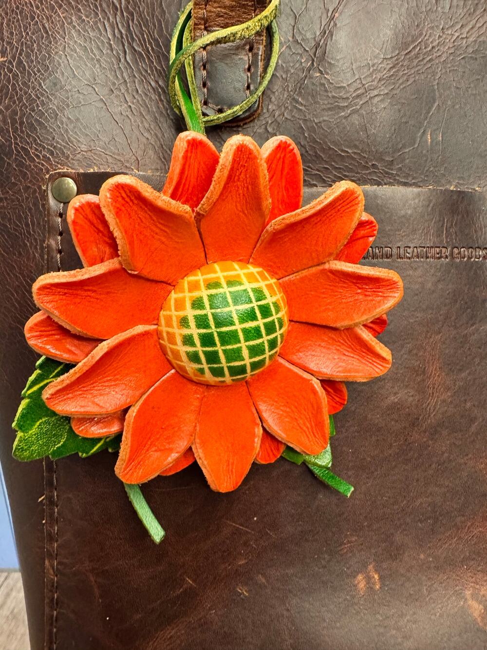 Orange Sunflower Genuine Leather Purse Charm Hand Painted Leather Fall Bag Charm